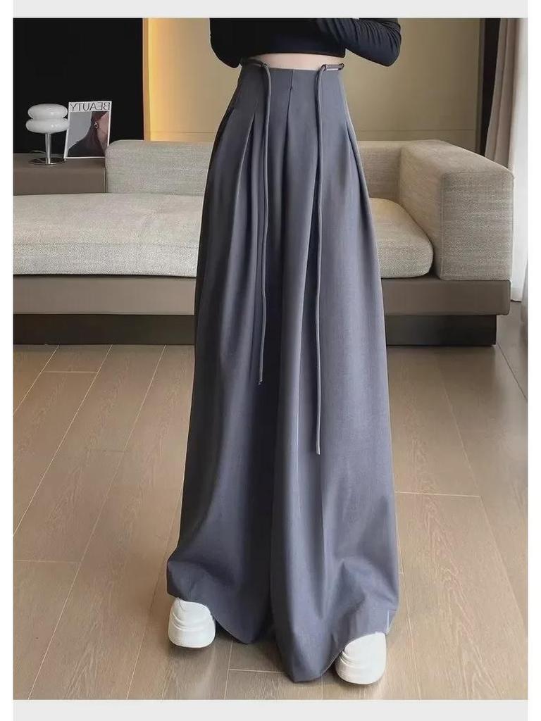 High-Grade Gray Wide-Leg Floor-Length Lace-Up Belly-Control Casual Pants for Women