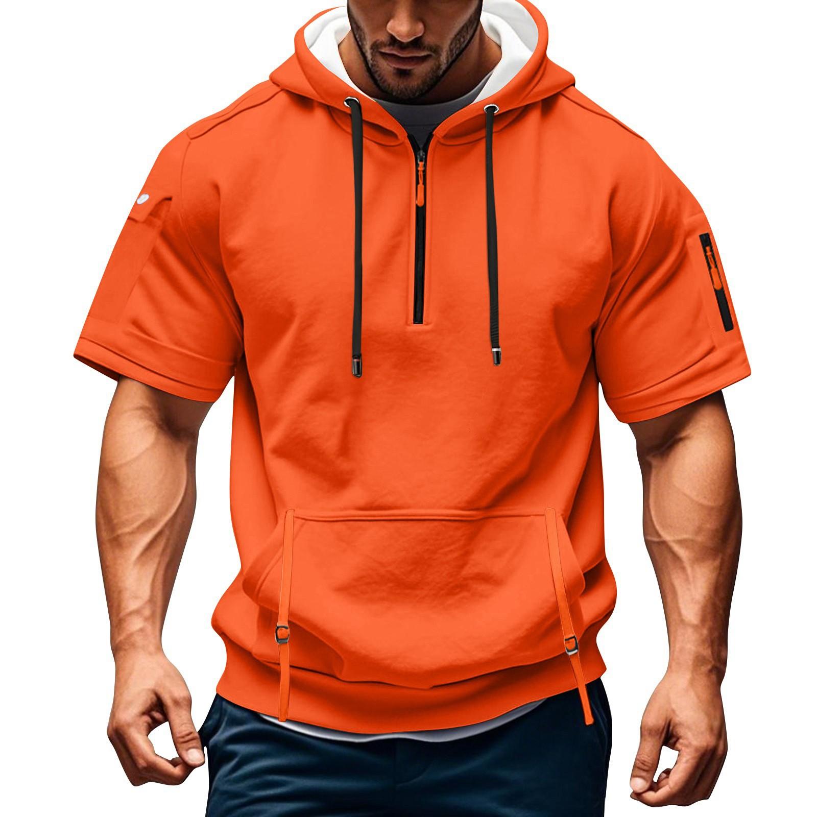 Мужская летняя рубашка с карманом на молнии коротким рукавом с капюшоном мужская спортивная повседневная толстовка большого размера XXXL оранжевый 1449₽