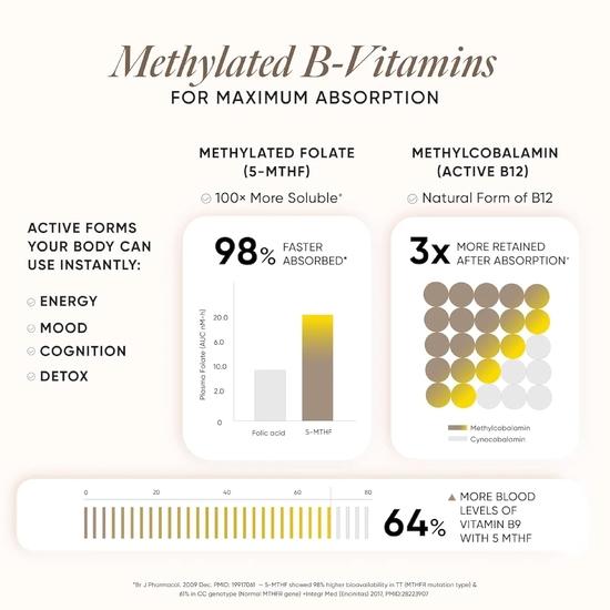 Wellbeing Nutrition Метилированный комплекс витаминов группы B с холином | Чистые биоактивные витамины B1, B2, B3, B5, B6, биотин, метилфолат, 60 растительных капсул