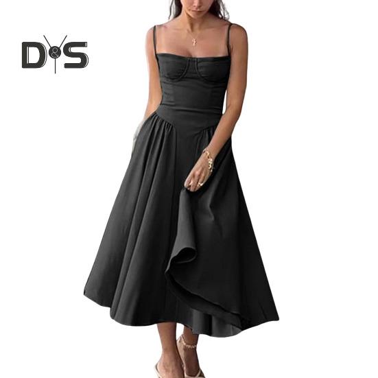 Damklänning Lågskuren spaghettirem Rygglös Ärmlös A-linje Big Swing Ren färg Smal midja Plisserad Cocktailparty Bal midiklänning