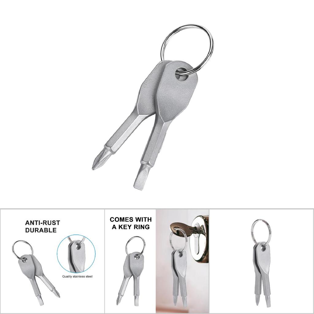 2 STÜCK Outdoor Edelstahl Tragbares Schraubendreher-Set Werkzeug mit Schlüsselring (Silber)