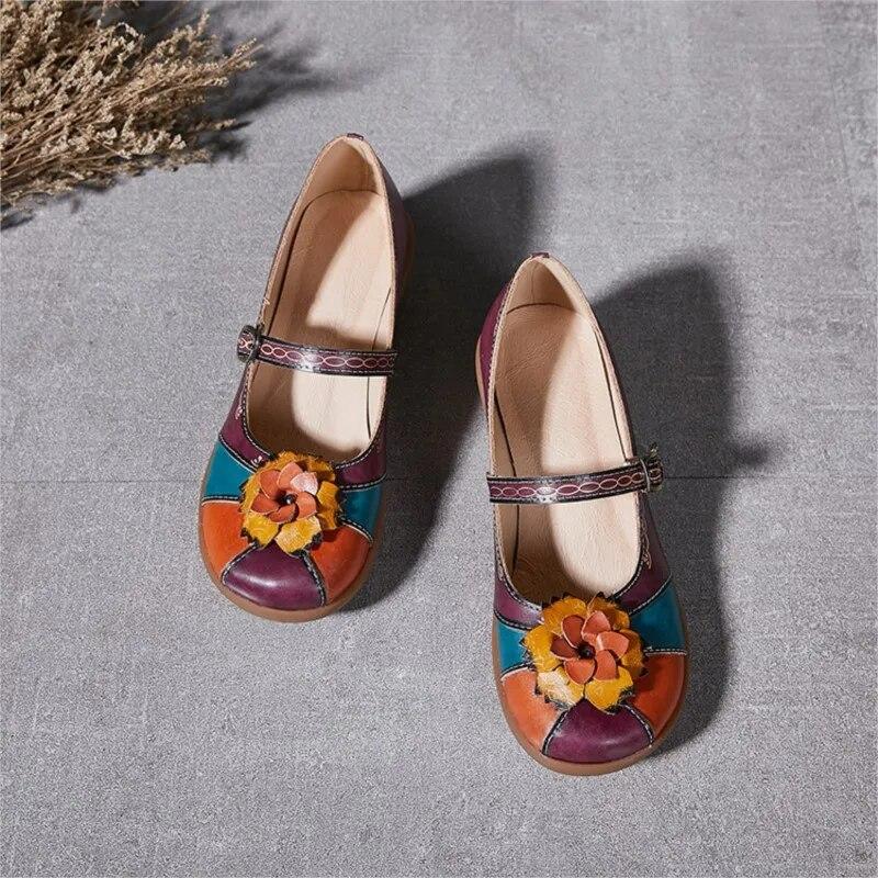Johnature Vintage Flower Colour Wedges Sandals Genuine Leather Handmade Ethnic Style Comfortable Women Shoes