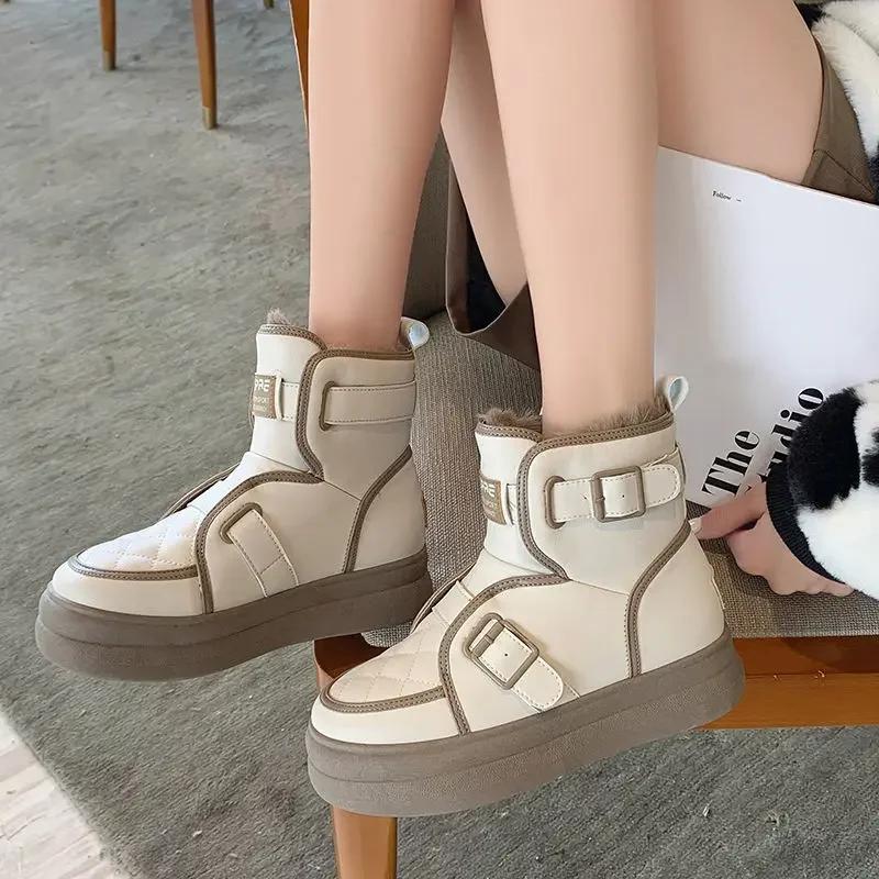 Fashion Plus Warm Ladies Snow Boots Elegant With Medium Heels Female Shoes Padded Boot Furry Trend 2024 Spring Autumn Protective Fashion