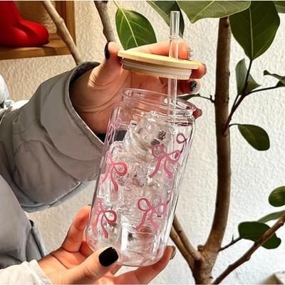 500ml Schattige Strik Glazen Amerikaanse Pot met Deksel met Rietje Iced Coffee Sap Feest Cadeau Herbruikbare Beker Meisjes Verjaardagscadeau