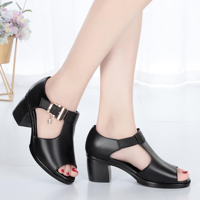 Summer Women Sandals Peep Toe Mom Shoes Thick Heels Female High Heels Metal Buckle Non Slip Women Shoes Trend Sandalias De Mujer