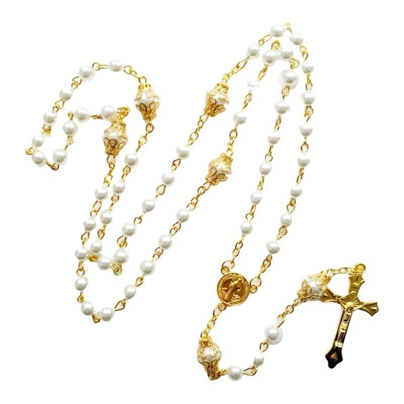 62KD Vintage Pearl Beads Rosary Necklace Jesus Christ Crucifix for Cross Pendant Necklaces for Women Jewelry Charm Prayer Gifts