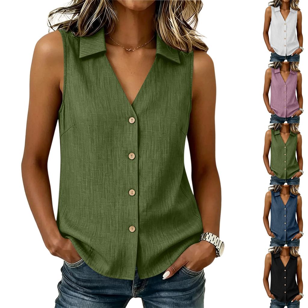 Women's Summer Sleeveless Button Front Shirt V Neck Collar Casual Loose Fit Lightweight Blouse for Everyday Wear