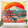 Chinese Cherry Blossom Moon Tapestry, Ink Wash Wall Hanging with Pink Flowers and Full Moon for Zen Aesthetic Bedroom Home Decor