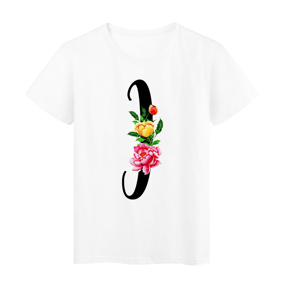 Flower Letter I White Printed Tshirts Trend Top Tee Kawaii Simplicity Style Casual Women S