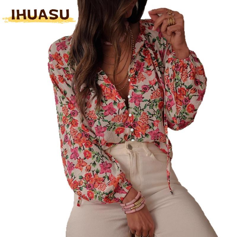 IHUASU Women's Fashion Casual V-Neck Long Sleeve Blouses & Shirts
