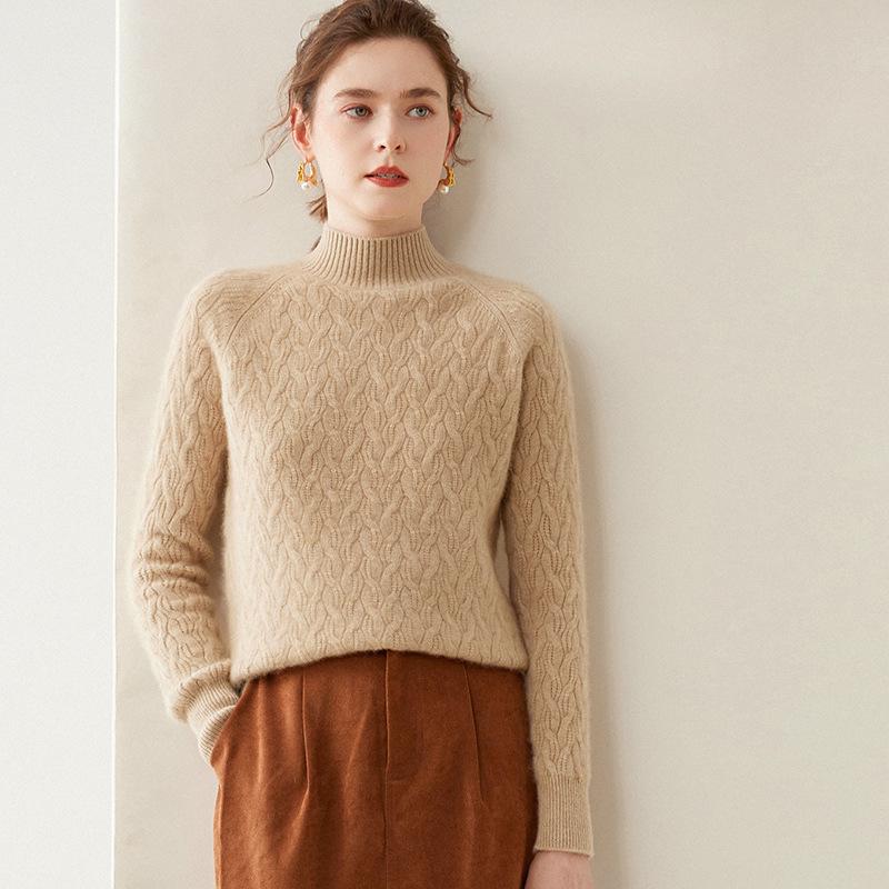 Women's Cable Knit Half-High Neck Cashmere Sweater - Loose, Thick, Warm Base Layer