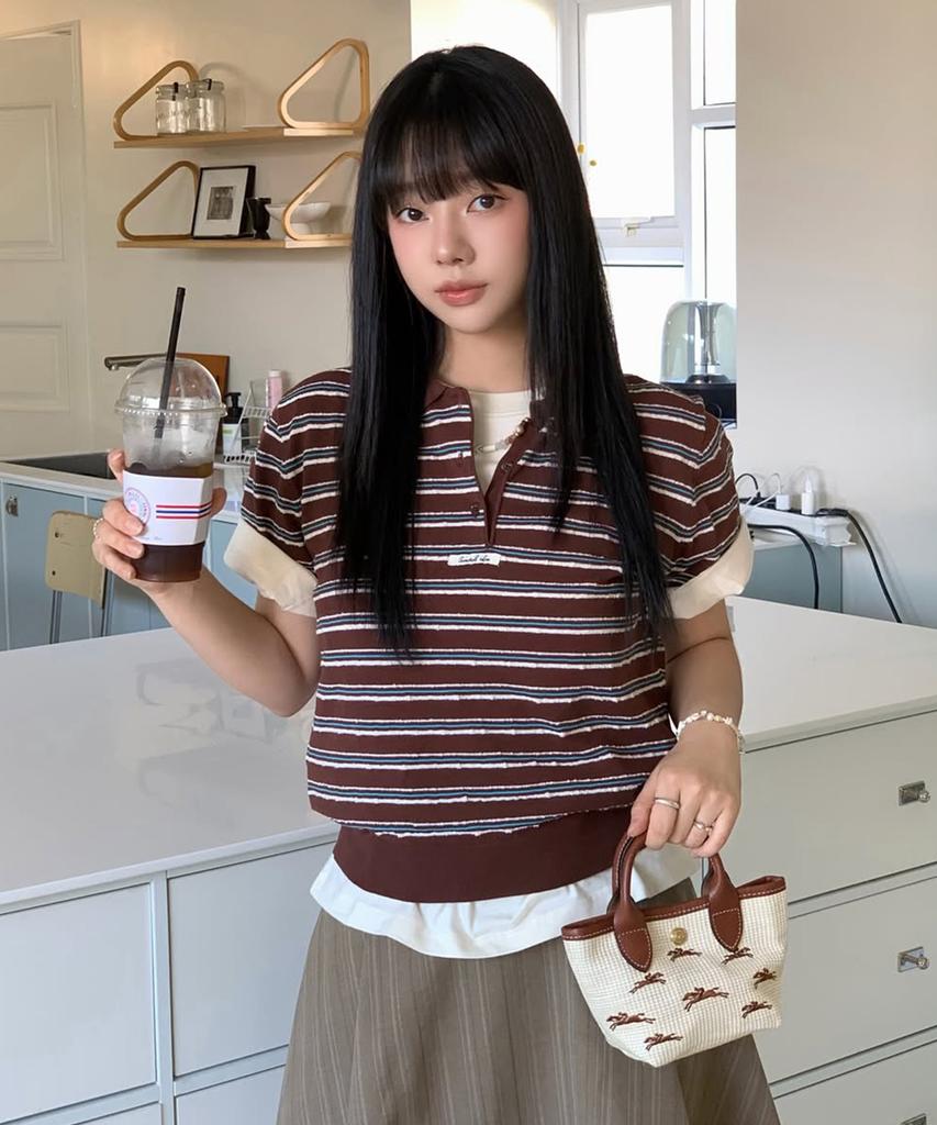 GENERALIDEA Striped Collar Half Knit [Brown] / Gf2Lkp525