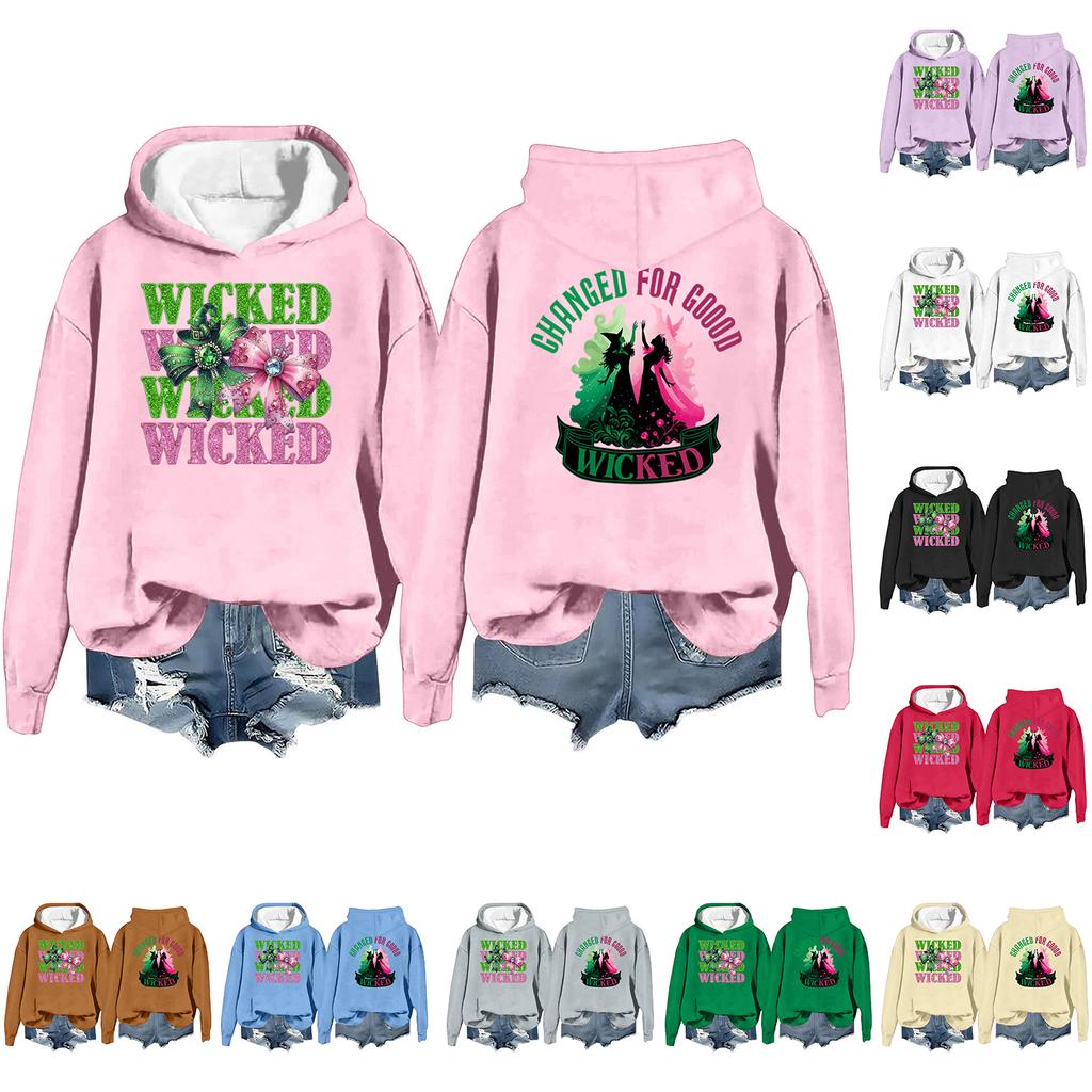 Women's Casual Long Sleeve Pullover Witch Print Hooded Sweatshirt