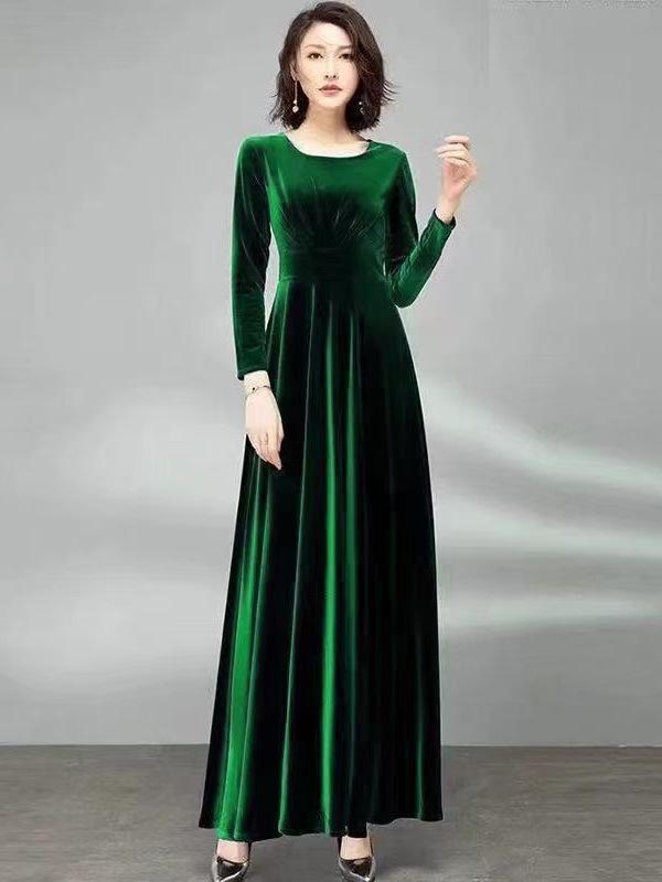 Noblewoman Autumn Golden Velvet Cinched Waist Long-Sleeved Dress with Large Hem