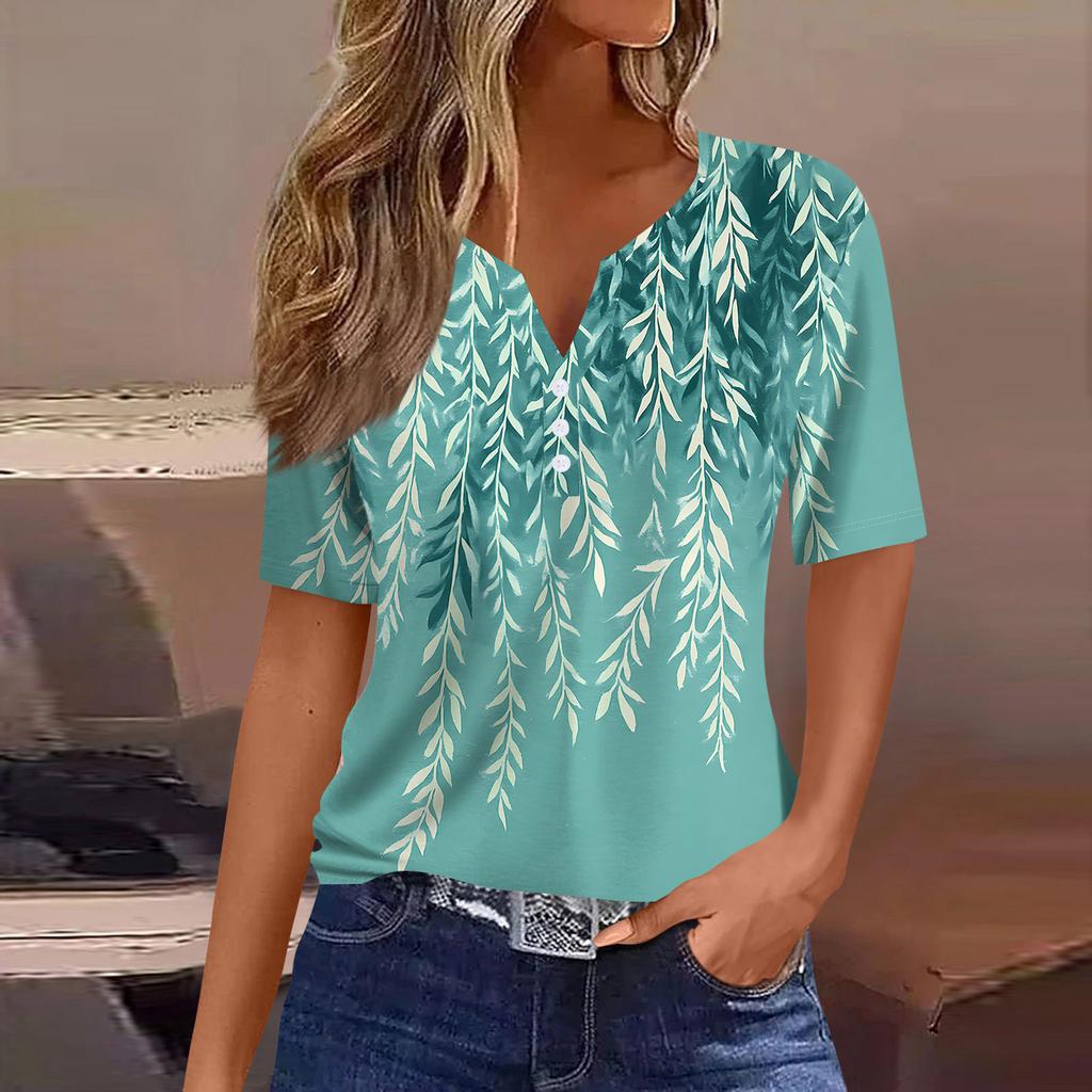 Women's T Shirt Tee Print Button Short Sleeve Daily Weekend Fashion Basic V- Neck Regular Top