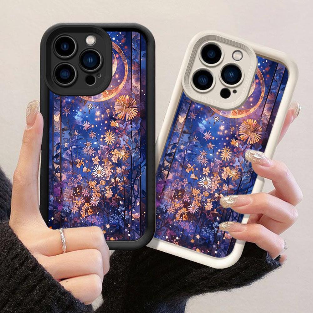 JT249 Floral Moon Art Print for iPhone 17 16 15 14 13 Pro Max Samsung S26 S25 Ultra A17 A16 A07 A56 A36 A15 Xiaomi 15T Redmi 15c Note 14 13 Soft Case