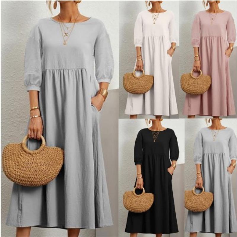 A Women's Fashionable Lantern-sleeved Loose Pocket Dress