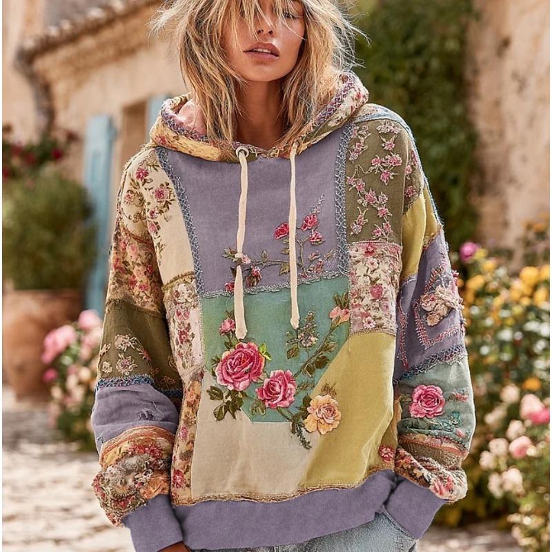 JKASHDK Women's Fashion Casual Flower Pattern Print Long Sleeve Hooded Hoodies & Sweatshirts