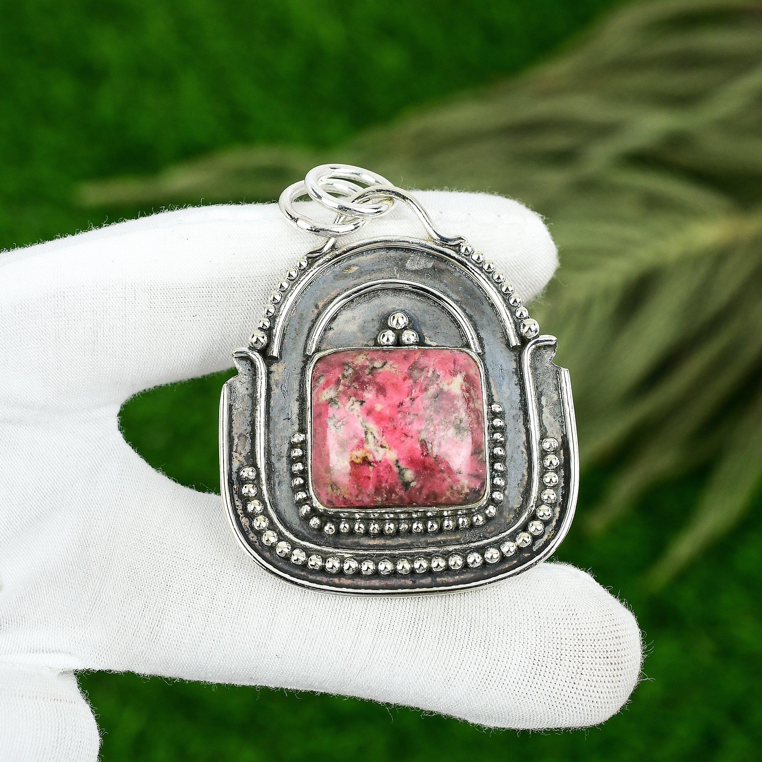 Daughters Day Deal Natural Thulite 925 Silver Handmade Trendy Art Deco Pendant