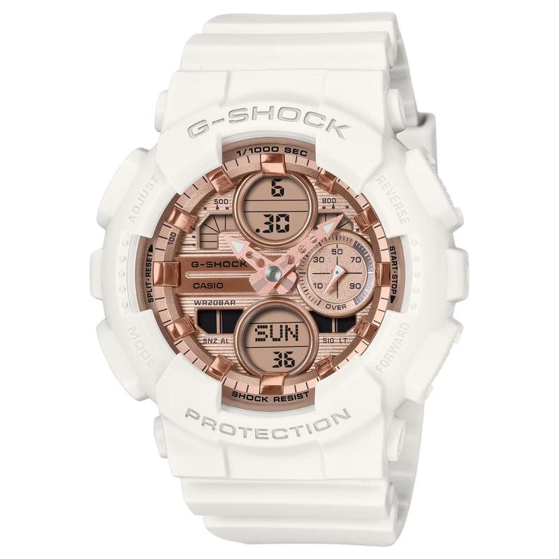 

Casio G-SHOCK series 200 meters waterproof, shockproof and antimagnetic, calendar world time, quartz movement, resin strap, Japanese and GMA-S140PG-7A золотий