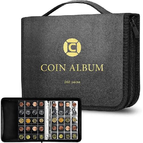 Coin Collection Book Holder for Collectors, 260 Pockets Coins Collecting Album with Zipper and Handle. Coin Display Storage  bag