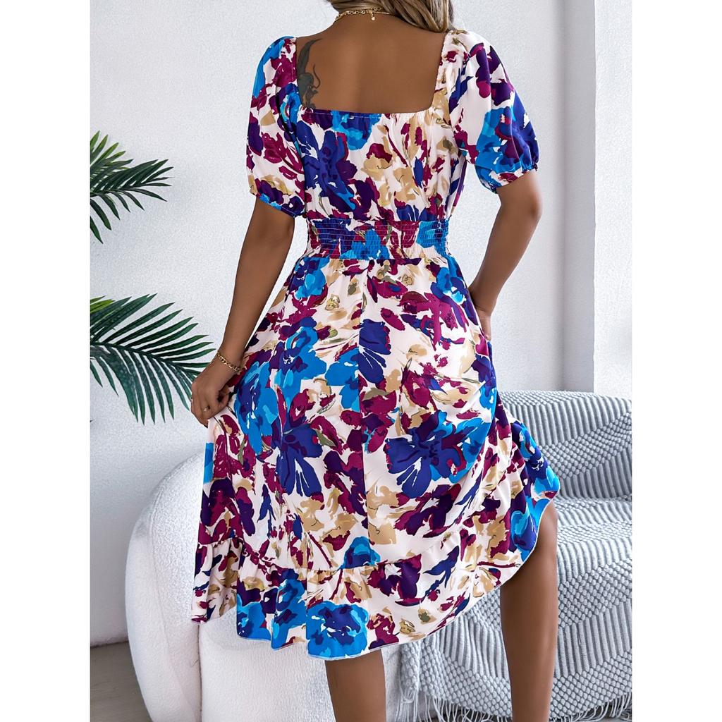 GMXIA Spring and Summer Casual Flower-patterned Short-sleeved, Waist-cinched, Ruffled A-line Skirt Women's Wear