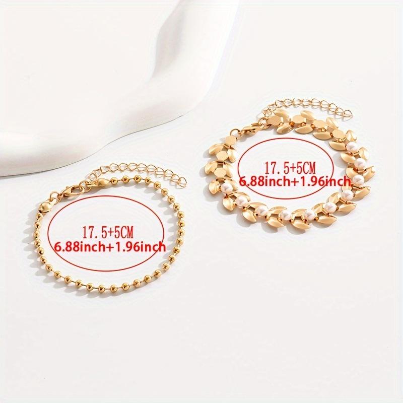 Women Fashion Bohemian Gold Wheat Chain Pearl Layered Bracelet Set