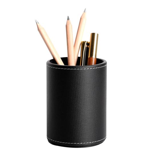 Pen Container Large Capacity Wear Resistant Smooth Edge Simple Style Compact Size Save Space Faux Leather Round Pen Holder Desktop Stationery Storage