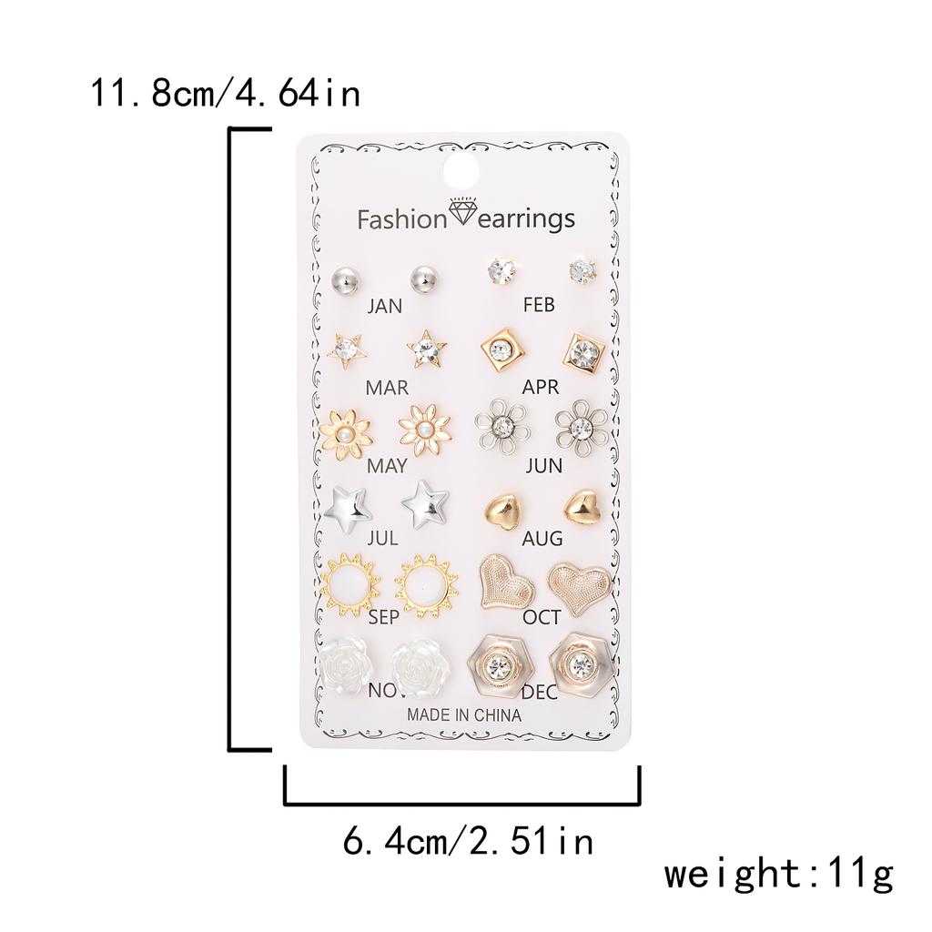 12Pairs Combination Earrings Set for Women Flower Heart Star Moon Sun Small Rhinestone Stud Earring Girl Party Jewelry Gift