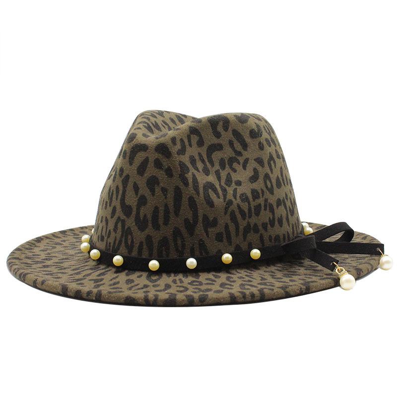 Flat-Brimmed Cornice Hat Leopard Print Pearl Bow Hat Jazz Hat Woolen Top Hat