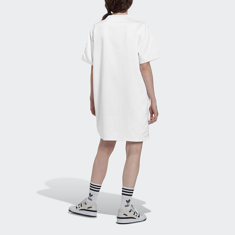 Adidas Originals Side Stripe Tie Round Neck Short Sleeve Dress Women Dress White HK5080