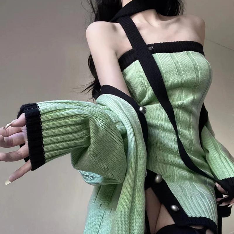 Set Female Spring And Autumn Pure Desire Wind Cardigan Sweater Jacket Waist-Slimming Knitted Dress Package Hip Skirt
