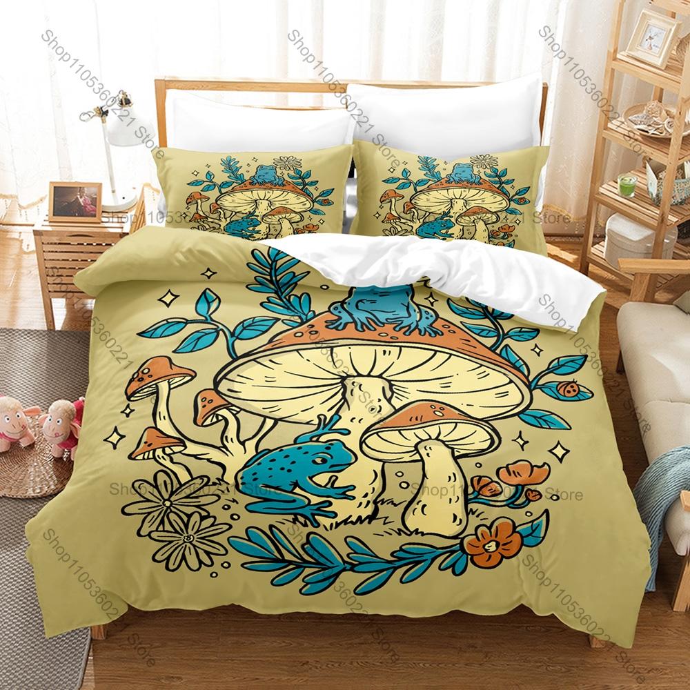 Cottagecore Frog Mushroom 3D Print Bedding Set Includes Duvet Cover + 2 Pillowcases Cute Forest Bedroom Decor For Nature Fans