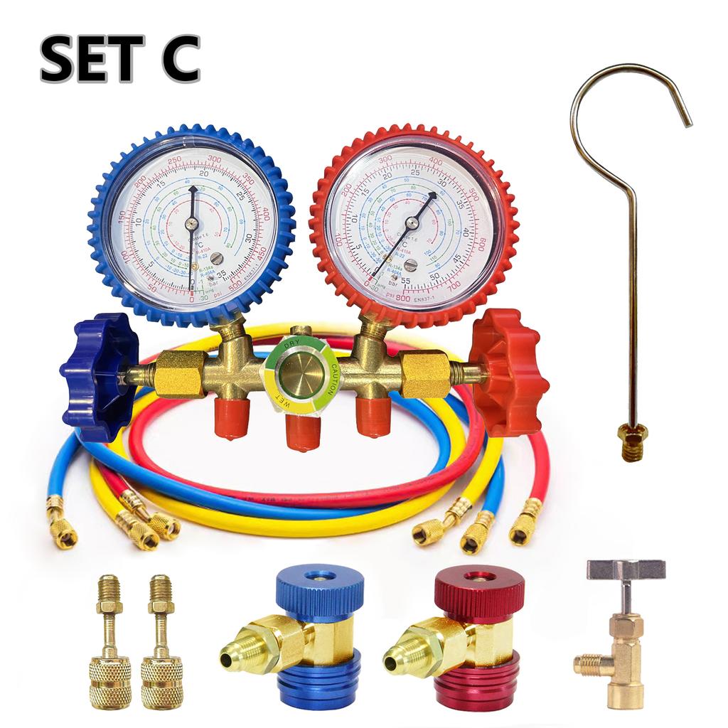 R134a Air Conditioning Pressure Gauge with Hose and Hook 3 Way AC Diagnostic Manifold Gauge Set Freon For R12 R22 R404A R134a