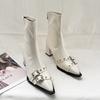 2025 autumn and winter pointed belt buckle thick heel short boots women's European and American style high heel rear zipper soft leather thin shor
