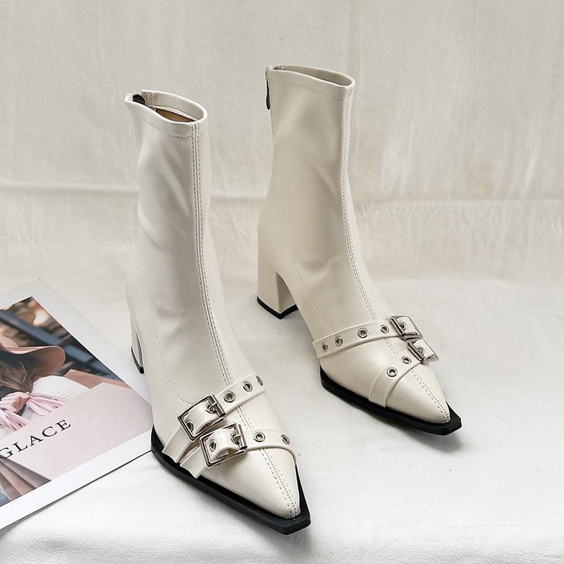 2025 autumn and winter pointed belt buckle thick heel short boots women's European and American style high heel rear zipper soft leather thin shor