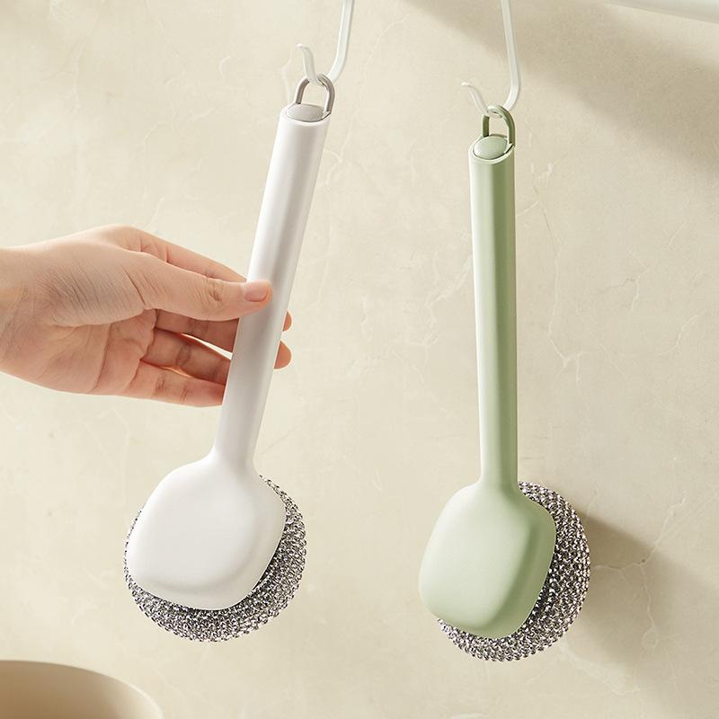 Removable Brush for Cleaning Pots and Pans, Household Dish Brush, Long-handled Stainless Steel Pot Brush, Steel Wire Ball