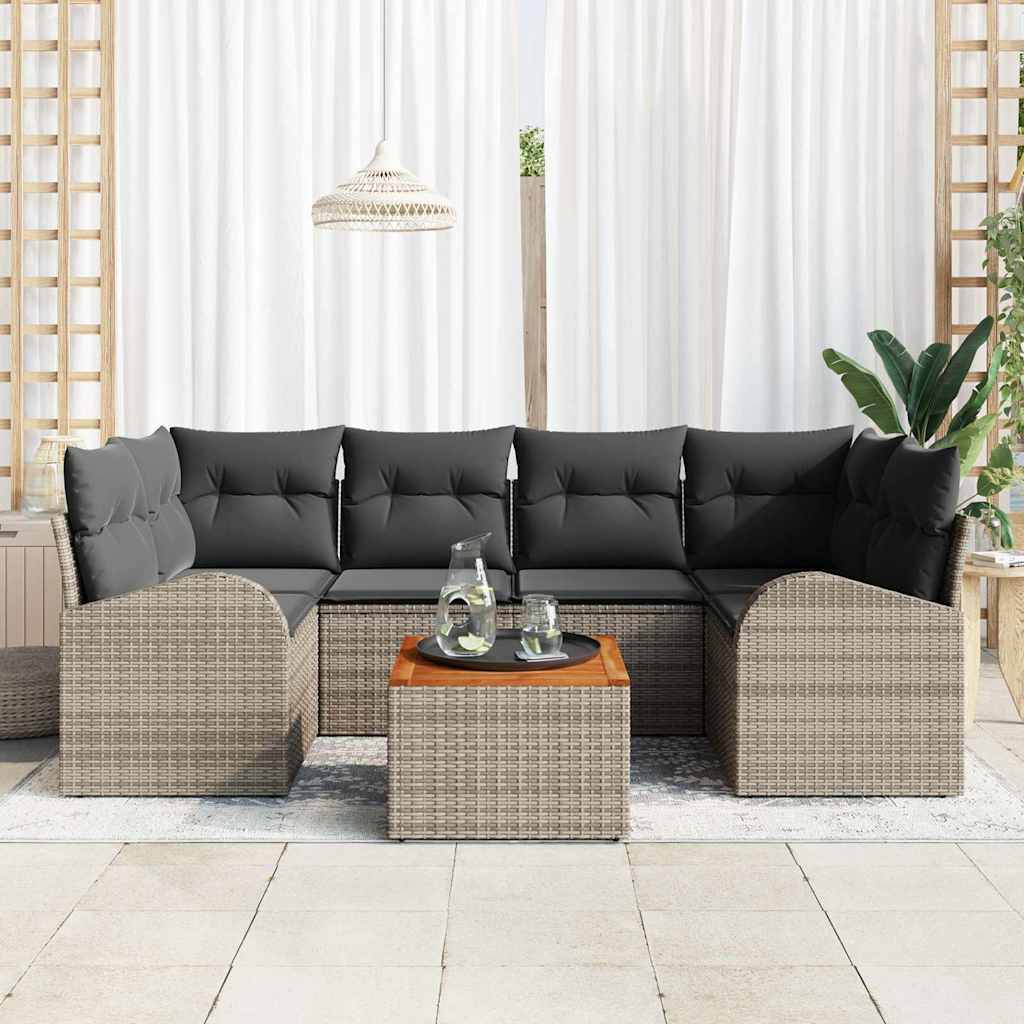 7 Piece Garden Sofa Set with Cushions Gray Poly Rattan