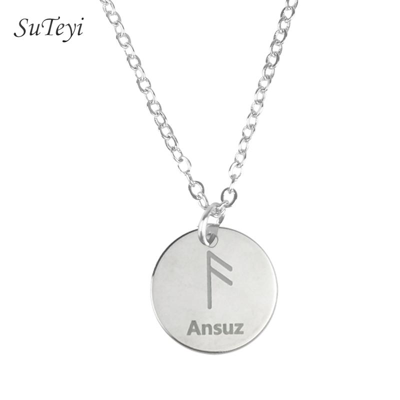 Round 25 Rune Letter Pendant Necklace Silver Color Stainless Steel Disc Viking Necklaces For Women Men