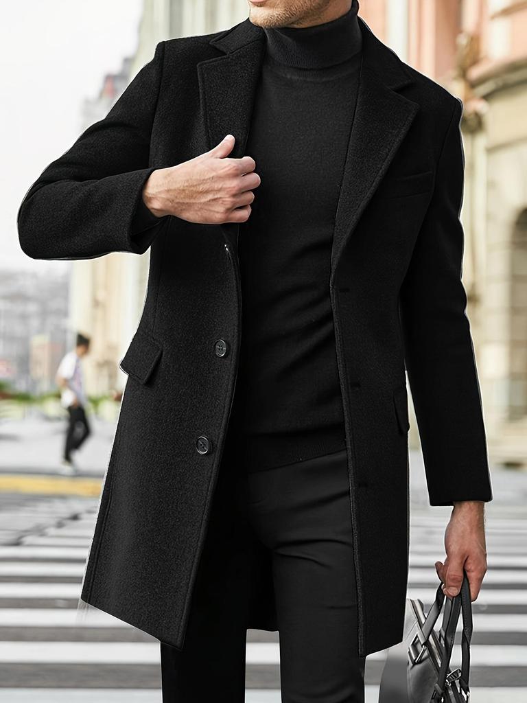 Erkek Sonbahar/Kış Tek Düğmeli Yün Uzun Palto - Stokta
