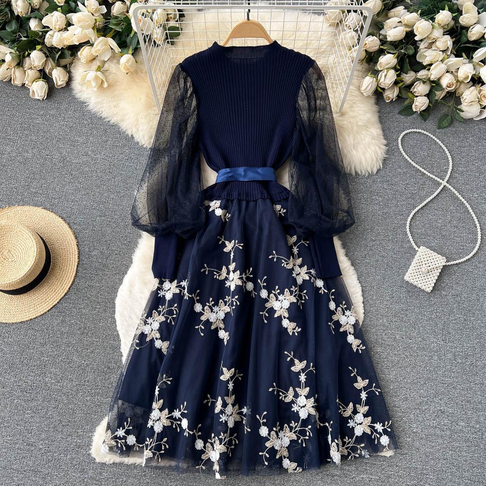 Spring Floral Knitted Long Dress Women Autumn Long Sleeves A Line Patchwork Mesh Embroidery Dresses