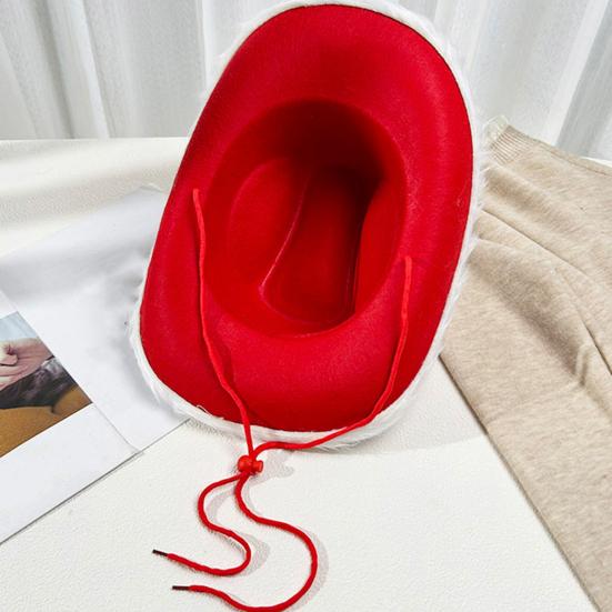 Cowboy Hat Christmas Themed White Furry Trim Soft Felt Material Jazz Top Hat Adjustable Red Tie Party Hat