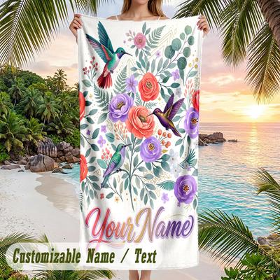 Hummingbirds Flowers Theme Quick Dry Beach Towel Custom Name Text Print Large Sand Resistant Towel Beach Vacation