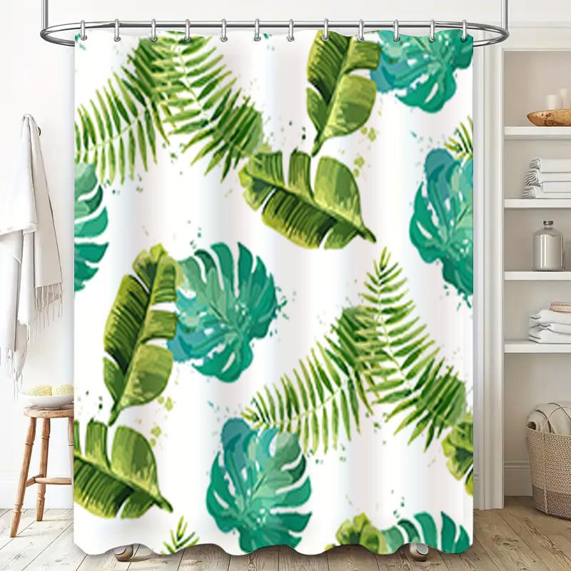 Vibrant Greenery Shower Curtain Waterproof Fabric For Bathroom Decor Tropical Leaves Print In Blue White Colors Size 180X240Cm