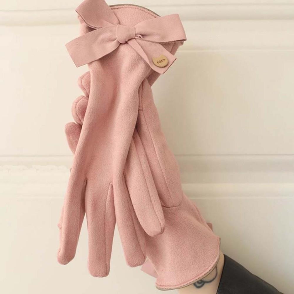 Plush Women Anti-cold Mittens Bow Thickened Suede Gloves Gift Windproof Finger Mittens  Autumn
