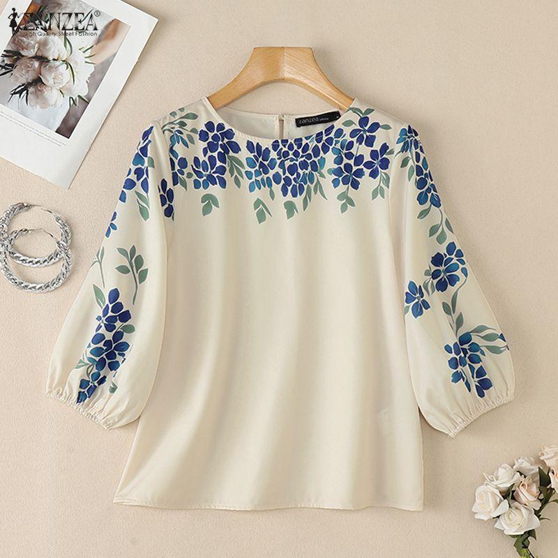 ZANZEA Women Casual Round Neck Floral Print Loose 3/4 Sleeve Blouse