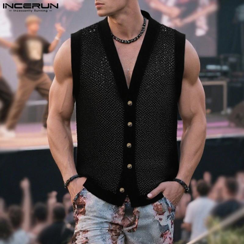 INCERUN Men Sleeveless Buttons Up Hollow Out Casual Tank Tops