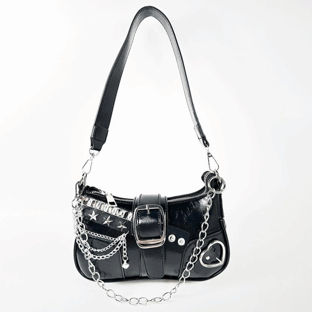 Vintage Y2K Schultertasche PU-Leder Silberne Kette Unterarmtasche Pendler Handtasche Damen