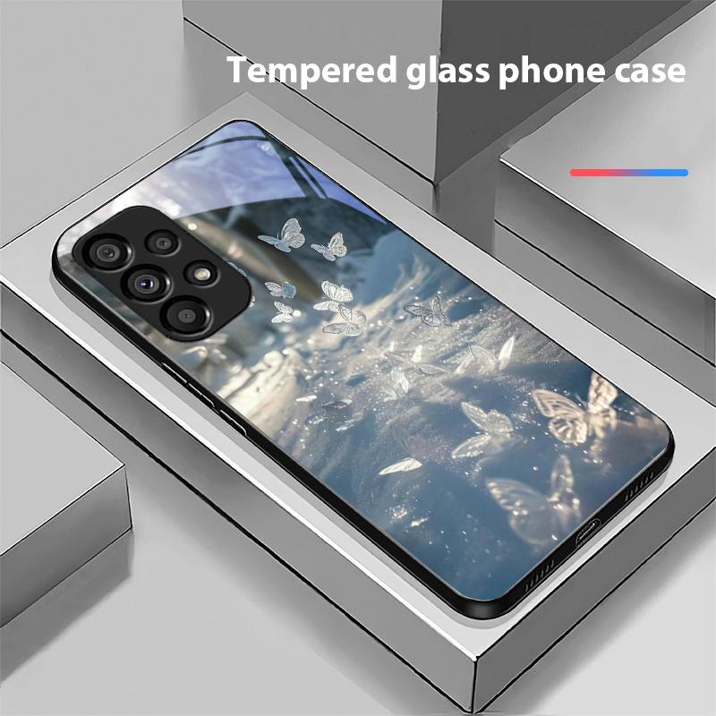 Borboleta Branca Para Samsung Galaxy S10 20 Plus 21 FE 22 23 24 FE 25 Ultra Capa de Celular de Vidro Temperado Preta Capa Dura