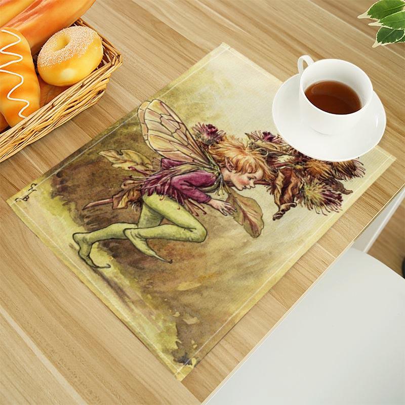 The Fairies Of The Winter Print Linen Dining Table Mats Alphabet Kitchen Placemat 30X45cm Coasters Pads Bowl Cup Mat